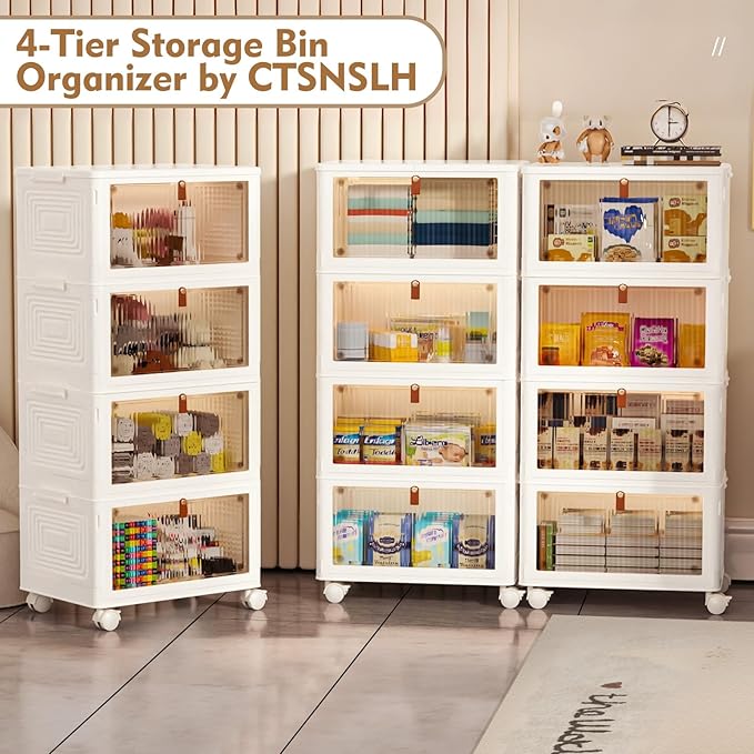 CTSNSLH 36Qt Plastic Storage Bins Organizer - 4 Tier Stackable Bins with Lids, Ideal for Bedroom, Living Room, Study, Office - Folding Storage Boxes, White