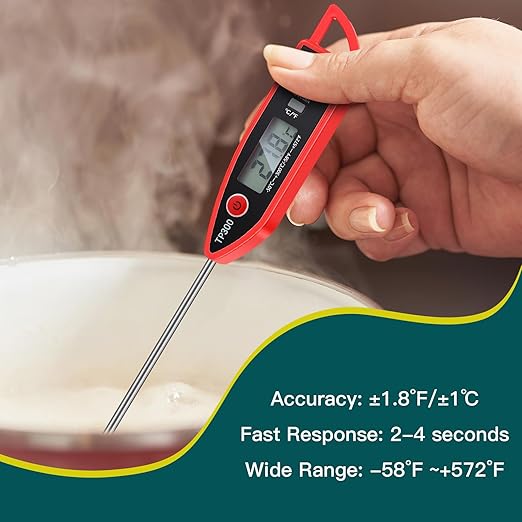 Instant Read Meat Thermometer with Long Probe 9.65 Inch Kitchen Cooking Food Candy Waterproof Digital Thermometer for BBQ Water Milk Yogurt Liquid(Pointed,Red)