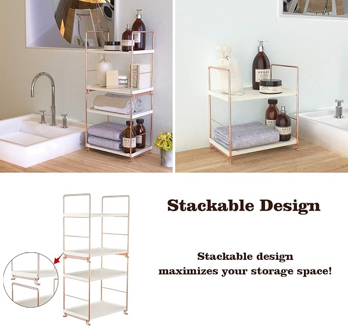 Plastic/Metal Freestanding Stackable Organizer Shelf,Bathroom Countertop Storage Shelf Cosmetic Organizer Holder Kitchen Spice Rack,2-Tier Standing Rack (Rose Gold)
