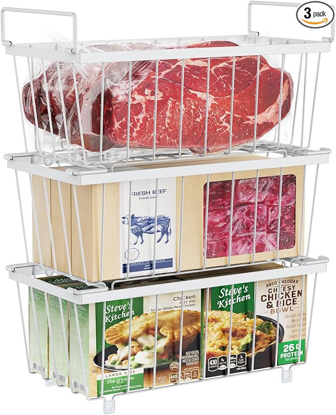 iSPECLE Chest Freezer Organizer Bins - 3 Pack Small Stackable Deep Freezer Organizer Bins for Most 7 Cu.FT Chest Freezer Sort Frozen Meats, Freezer Storage Bins Easy Access Food without Digging, White