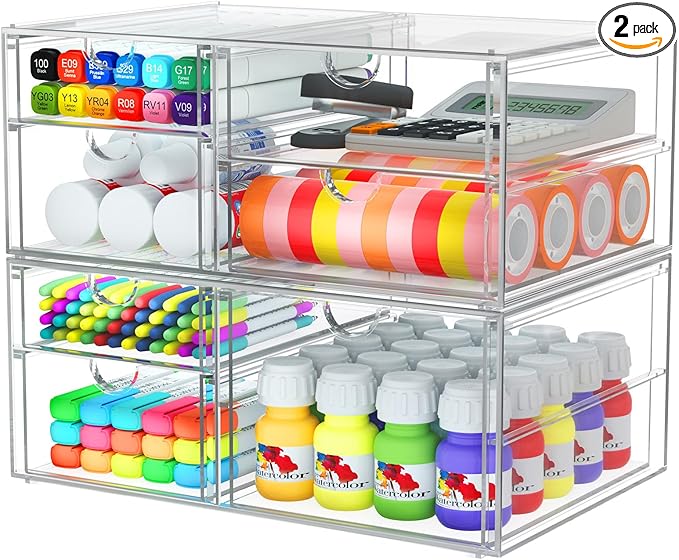 2 Pack Desk Organizers, Makeup Organizer Storage With 7 Drawers, Desktop Office Supplies, Clear Desk Accessories, Dustproof Drawer Organizer and Storage for Make Up, Jewelry, Pen