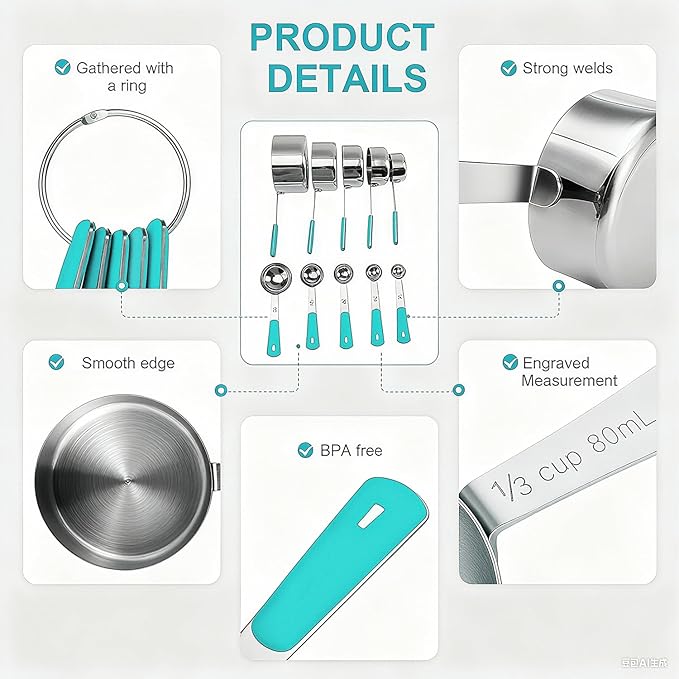 Measuring Cups and Spoons Set Stainless Steel 10 Piece for Cooking and Baking (5 Cups + 5 Spoons, Aqua Sky Handle)