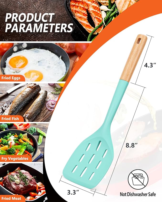 Pack of 2 Silicone Spatula, Non Stick Cooking Utensil Set Stainless Steel Handle Kitchen Turner for Baking Mixing Grilling Serving Food Heat Resistant Non Scratch Hooks Included (Green)