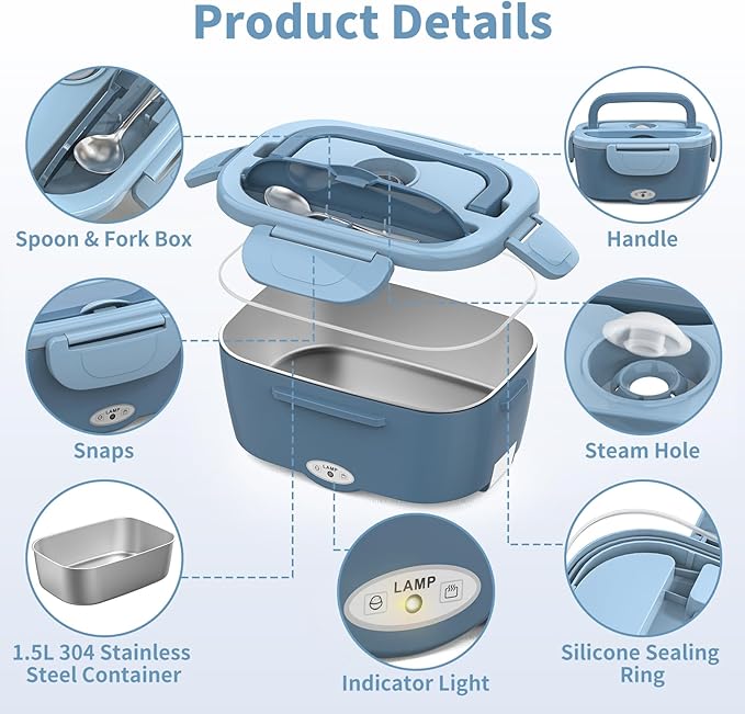 Vingud Electric Lunch Box Food Heater, 3 in 1 Heating Lunch Box for Work/Car/Truck, Heated Lunch Boxes for Adults with 1.5L Stainless Steel Container, 12V 24V 110V (Blue)
