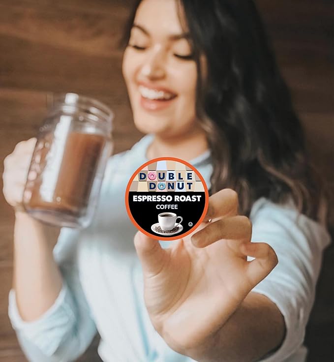 Double Donut Coffee Espresso Roast Coffee Pods, Strong Dark Roast Coffee, Compatible with Keurig K Cups Brewers, 72 Count