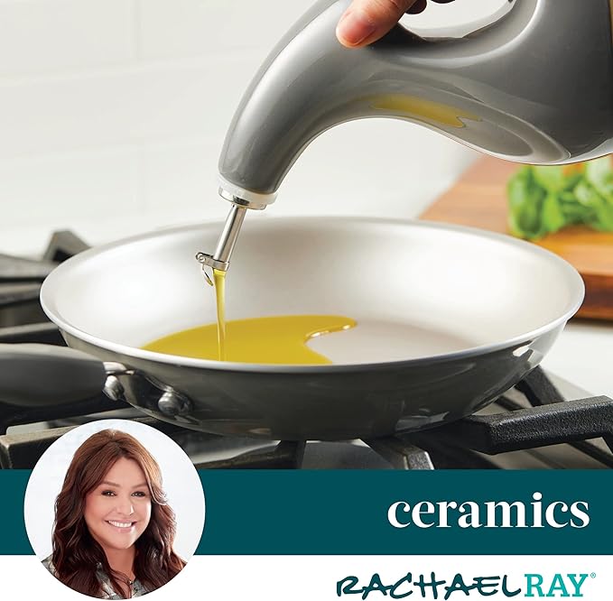 Rachael Ray Serveware Ceramic EVOO Oil and Vinegar Dispensing Bottle Set, 2 Piece, Gray