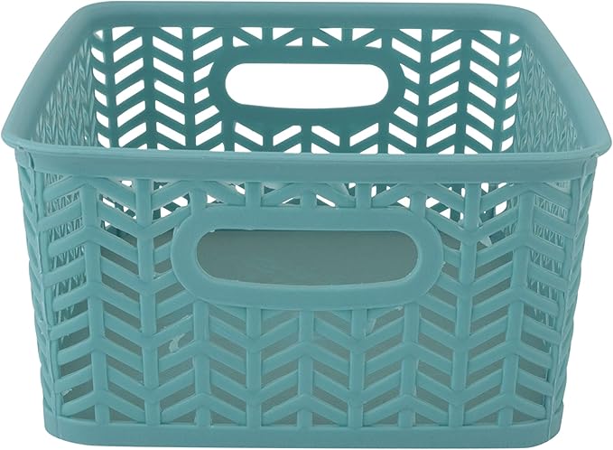 Simplify 3 Pack Small Herringbone Storage Basket, Dimensions: 10"x8"x4", Herringbone Design, Light Weight, Great for Bathroom, Kitchen, Office, Closet, 2 Open Handles, Dusty Blue