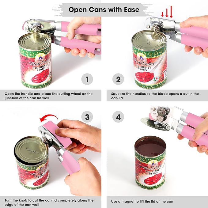 Beneno Heavy Duty Hand Can Opener Manual with Magnet, Durable Sharp Carbon Steel Blade Smooth Cutting, Big Effort-Saving Knob & Soft Grip Handle, Multifunctional Kitchen Tool with Bottle Opener, Pink