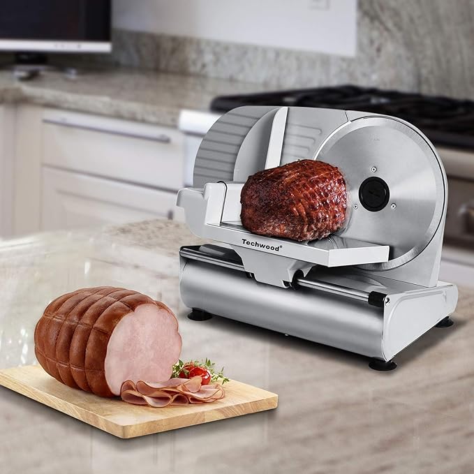 Meat Slicer, Techwood Electric Deil Food Slicer with Removable 9” Stainless Steel Blade, Deli Cheese Fruit Vegetable Bread Cutter with Adjustable Knob for Thickness, Food Carriage & Non-Slip Feet