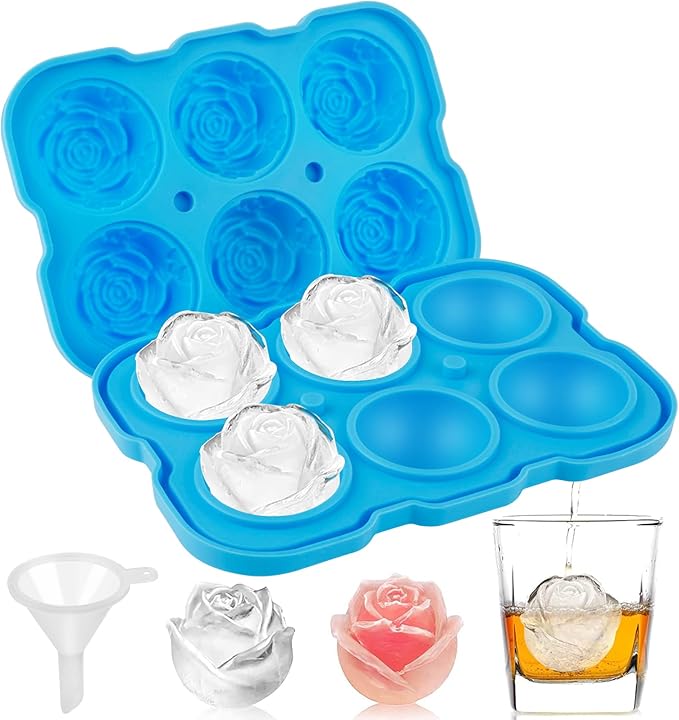Ice Cube Tray, Mikiwon 2 inch Rose Ice Cube Trays With Covers, 6 Cavity Silicone Rose Ice Ball Maker, Easy Release Large Ice Cube Form for Chilled Cocktails, Whiskey, Bourbon & Homemade Juice (Blue)