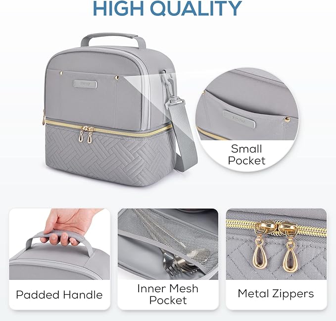 TOURIT Lunch Bag Women Double Deck Lunch Box Insulated Lunch Cooler for Women Men Work, Gray