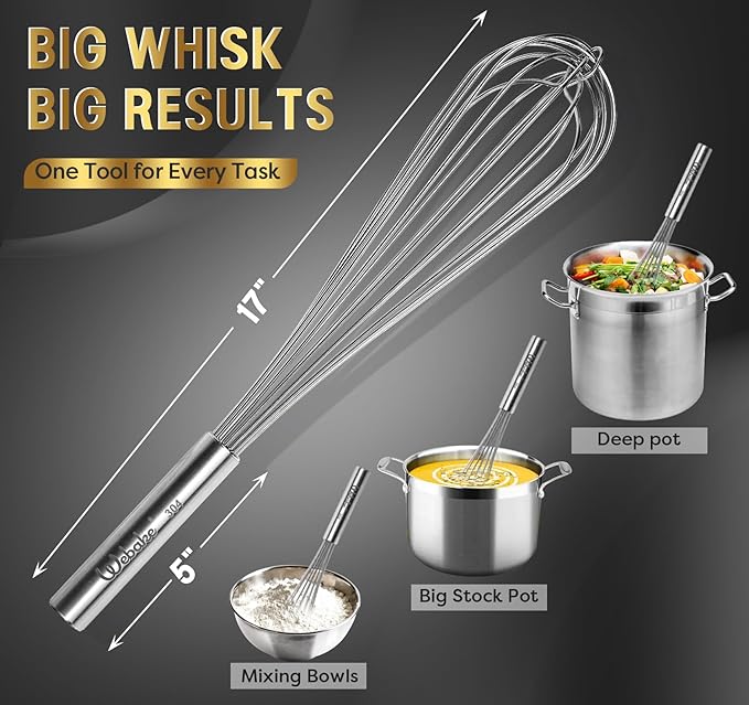 Webake Commercial Whisk Heavy Duty 17in Large Whisk, 304 Stainless Steel Whisks for Mixing, Beating, Blending, Professional Kitchen Tools