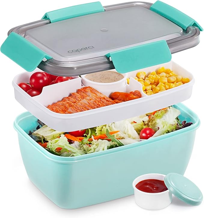 Caperci Large Salad Container Bowl for Lunch - Better Adult Bento Lunch Box 68 oz, 5-Compartment Tray, 2pcs 3-oz Sauce Cups, Stackable, BPA-Free (Aqua Sky)