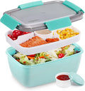 Caperci Large Salad Container Bowl for Lunch - Better Adult Bento Lunch Box 68 oz, 5-Compartment Tray, 2pcs 3-oz Sauce Cups, Stackable, BPA-Free (Aqua Sky)