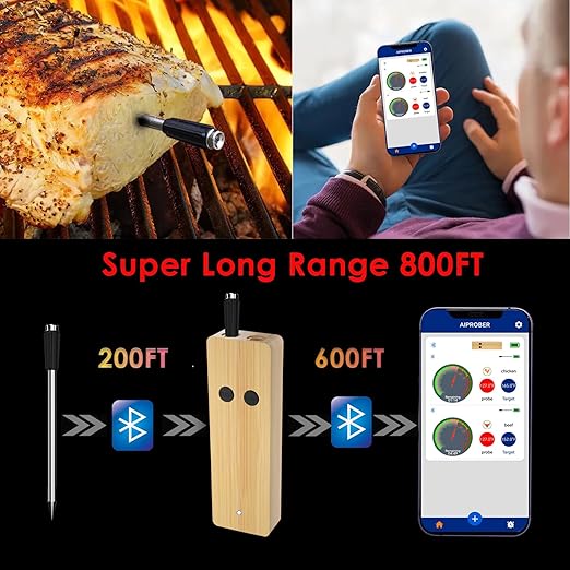Wireless Meat Thermometer for Grilling and Smoking, 800FT Bluetooth Thermometer with Dual-Sensor Probe, Food Thermometer for BBQ, Oven, Smoker