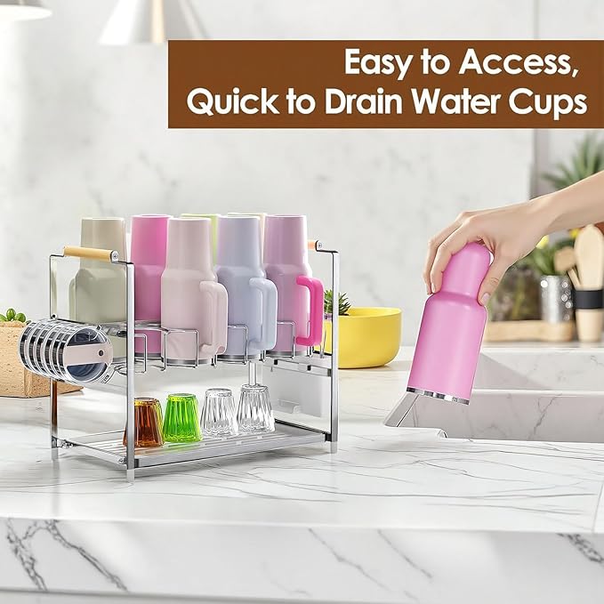 Housolution Water Bottle Organizer Drying Rack for 40 oz Tumbler with Handle, Multifunctional Cup Storage Holder Compatible with Stanley, Owala, Simple Modern and Other Brands, Silver(Patented)