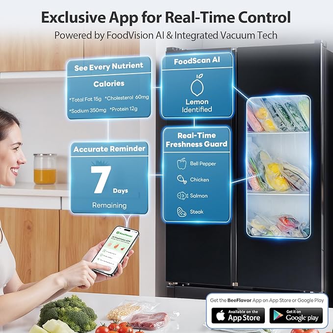PressFree TRUE-Auto Vacuum Sealer Machine, Beelicious Pro 85KPA Fully Automatic 8-IN-1 Food Sealer with Bags Storage, Build-in Cutter, Moist Mode and Air Suction Hose |Sous Vide | Digital Countdown