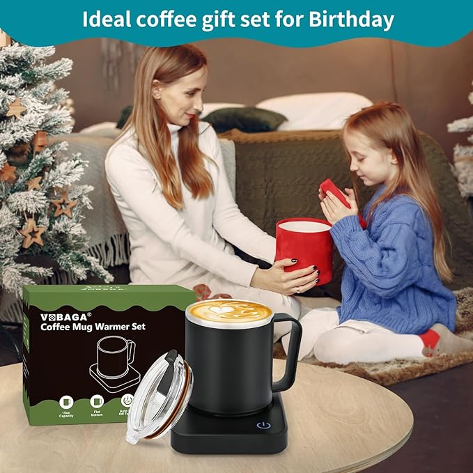 VOBAGA Coffee Mug Warmer & Mug Set for Desk - Auto Shut Off & 3 Heat Settings, Includes 15oz Stainless Steel Mug, Smart Coffee Cup Warmer, Home Office Essentials Coffee Set（Mug Included）