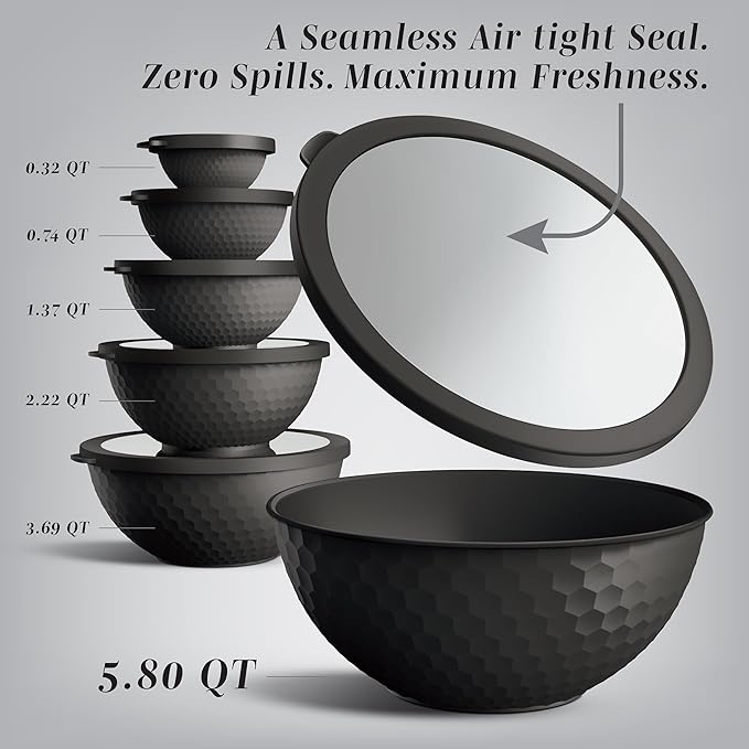 COOK WITH COLOR Mixing Bowls with Lids - 12 Piece Plastic Nesting Bowls Set includes 6 Prep Bowls and 6 Lids, Non Slip Bottom and Embossed Design - Microwave Safe (Black)