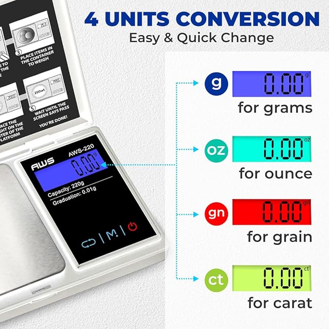 Series Digital Pocket Weight Scale 600g x 0.1g |Digital Gram Scale Small Scale Mini Food Scale Jewelry Scale Ounces/Grains Scale, Easy to Carry - AMERICAN WEIGH SCALES (Silver, 220g x 0.01g)