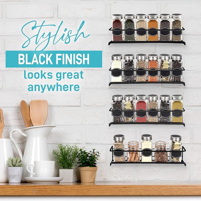 Spice Rack Wall Mounted 4 Tier – Space-Saving Kitchen Spice Organizer for Seasonings – Screw or Adhesive Hanging – Wall Mount Hanging Spice Rack for Wall, Cabinet, Pantry Door 2.5x 2.5x11.5 in