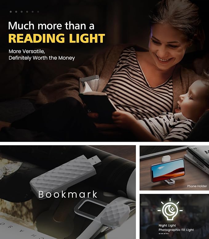 OPAUL USB Rechargeable Book Light, Clip-on LED Bookmark Reading Light in Bed, 3 Amber Colors & 5 Brightness, Long Lasting, Perfect Gifts Stocking Stuffers for Book Lovers, Adults, Kids