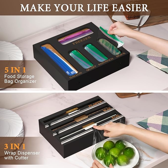 9 IN 1 Bamboo Foil and Plastic Wrap Organizer for Kitchen Drawer, Plastic Bag Organizer Organization and Storage, Food Storage Bag Organizer (BLACK)