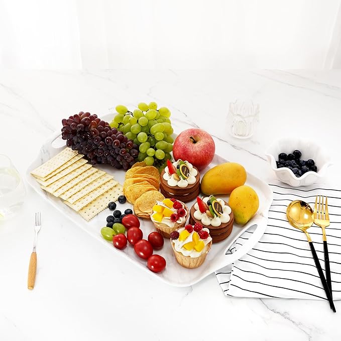 TP Serving Trays with Handles, 19 Inch Large Rectangular Melamine Serving Platter Set of 2, White Marble