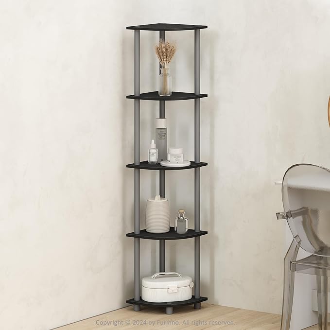 Furinno Turn-N-Tube Corner Shelf, 5-Tier Corner Display Rack, Shelving Unit, for Organization and Storage, Living Room, Home Office, Garage, Bedroom, Black