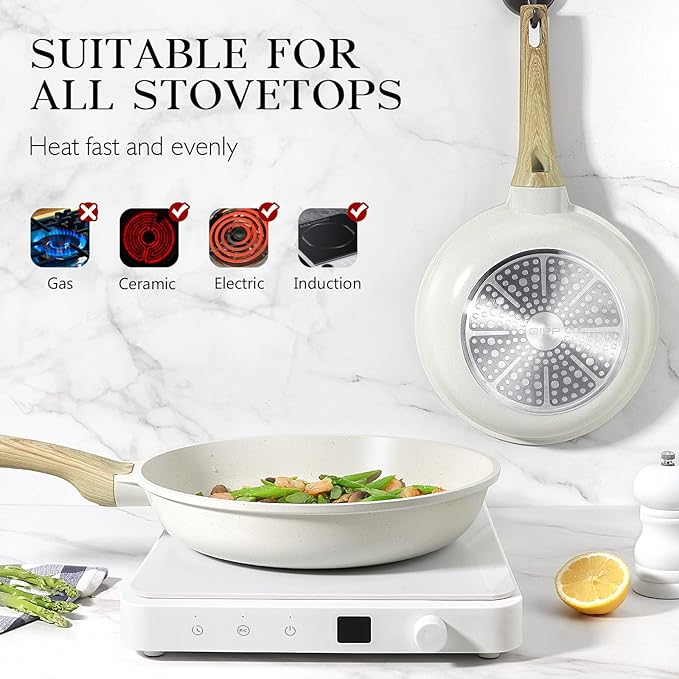 GiPP Nonstick Frying Pan Skillet with Lid - 8" White Granite Non Stick Pans, Omelette Pan with Heat-Resistant Handle, Compatible with All Stovetops, PFOA Free