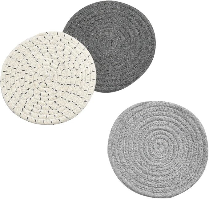 Potholders Set Trivets Set 100% Pure Cotton Thread Weave Hot Pot Holders Set (Set of 3) Stylish Coasters, Hot Pads, Hot Mats,Spoon Rest For Cooking and Baking by Diameter 7 Inches (Gray)