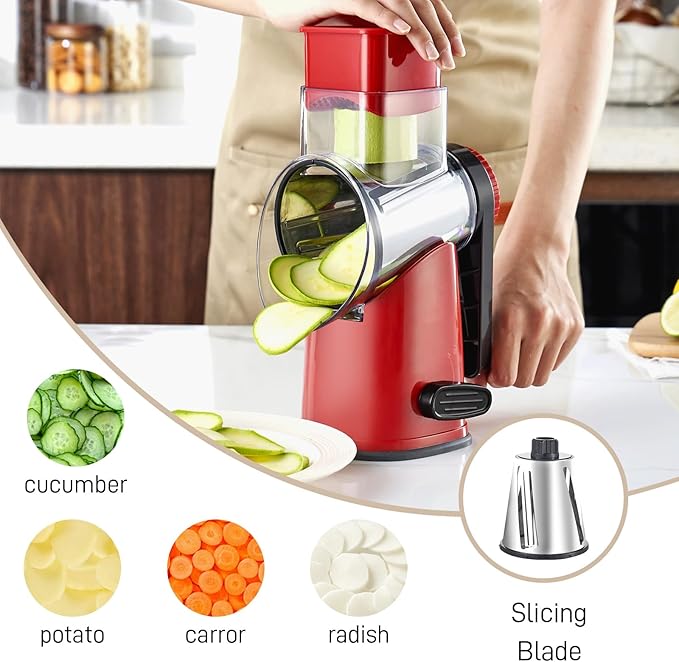 Rotary Cheese Graters with 4 Blades, Hand Crank Cheese Grater with Waffle Slicer, Red, Black and White Cheese Shredder with Suction Base, Easier for Shredding & Grating (Red, 4 Graters)