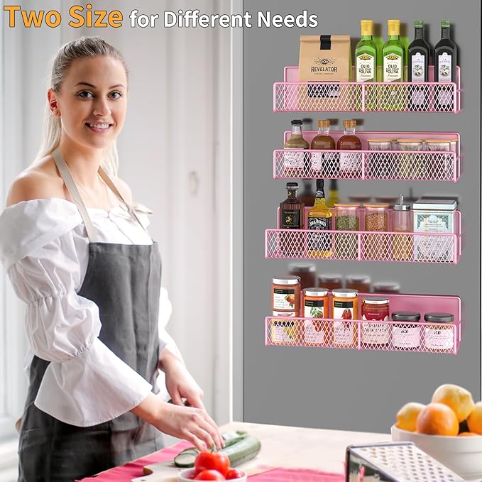 Magnetic Spice Rack for Refrigerator, 4 Pack 100% Metal Strong Magnet Fridge Shelves, Space Saving Spice Organizer, No Drilling Moveable Home Kitchen Laundry Room Storage Organization, Pink