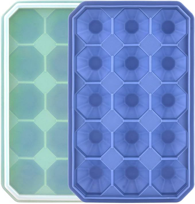 Ice Cube Trays with Silicone Lid, 15 Grid Diamond Shaped Ice Tray Easy Release Stackable Ice Cube Mold, 2 Pack (Grey Blue+Green)