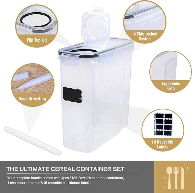 Cereal Containers Storage Set - 4 Piece Airtight Large Food Storage Containers(135.2oz), BPA Free Dispenser Plastic Cereal Storage Containers