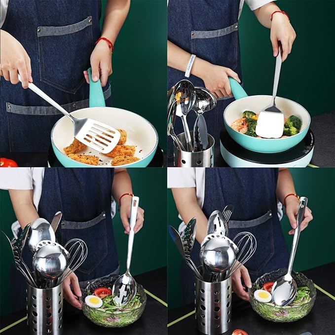 Cooking Spoon, Berglander 6 Pieces Spatula Set Stainless Steel, Metal Spatula, Serving Spoon, Kitchen Tools Set Non-Stick And Heat Resistant, Dishwasher Safe, Easy to Clean (6 Packs)