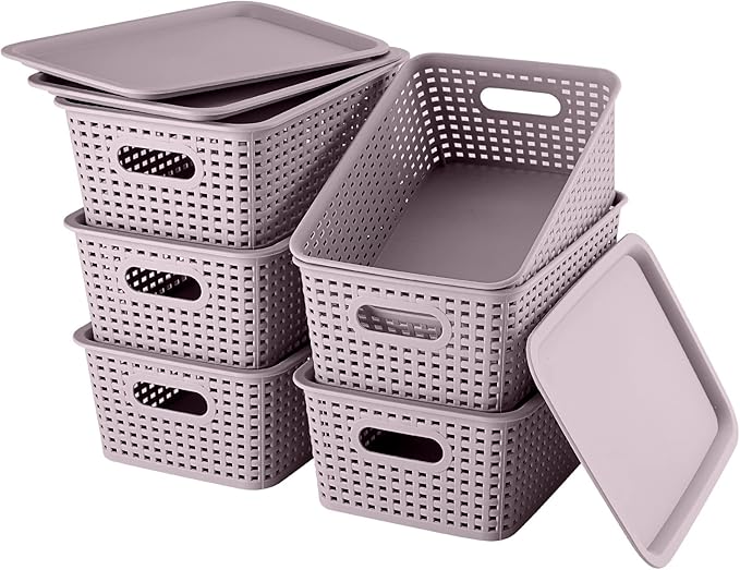 AREYZIN Lidded Storage Bins Plastic Storage Baskets With Lid Organizing Container Knit Storage Organizer Bins for Shelves Drawers Desktop Playroom Classroom Office, 6 Pack,Purple