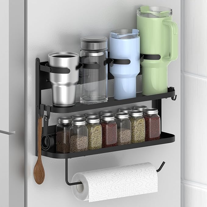 Magnetic Spice Rack,4-Slot Stanley Cup Water Bottle Holder with Paper Towel Holders and Removable Hooks for Fridge(Black Medium)