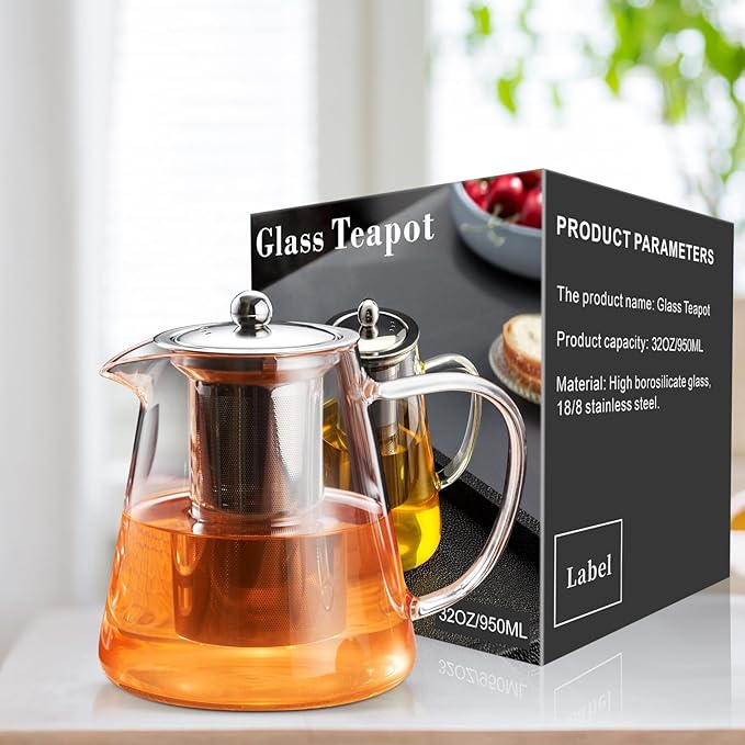 PARACITY Glass Teapot Stovetop 32 OZ, Borosilicate Clear Tea Kettle with Removable 18/8 Stainless Steel Infuser, Teapot Blooming and Loose Leaf Tea Maker Tea Brewer for Camping, Travel (950ML)