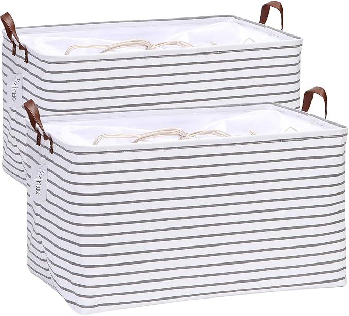 Hinwo 2-Pack Extra Large Canvas Fabric Storage Baskets with Handles, 70L Oversized Storage Bins, Collapsible Storage Box, Clothes, Toys, Blankets Organizers, 22 x 15 x 13 inches, (Grey Stripe)