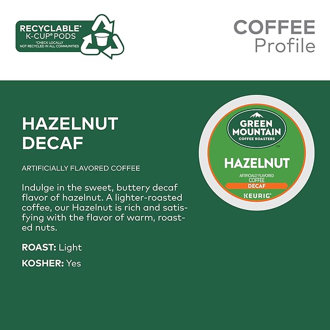 Green Mountain Coffee Roasters Hazelnut Decaf Keurig Single-Serve K-Cup pods, Light Roast Coffee, 72 Count