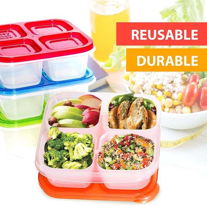 Finorder 6 Pack 4-Compartment Food Containers, Reusable Snack Containers for Kids Adults School Work Picnic, Lunch Bento Box Meal Prep Containers (Classic Color Set)