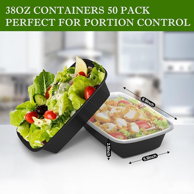 Meal Prep Containers Reusable 38oz - Food Prep Containers with Lids 50 Pack, Disposable To Go Food Containers, Leakproof, Stackable, Takeout, BPA-Free, Microwave/Freezer Safe