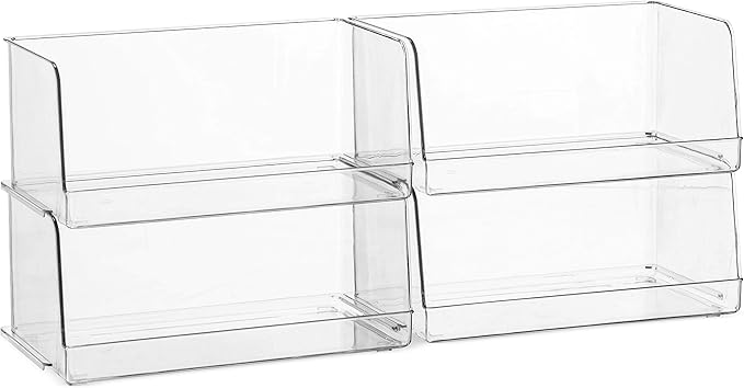 Set Of 4 Clear Pantry Organizer Bins Stackable Household Plastic Food Storage Basket with Wide Open Front for Kitchen, Countertops, Cabinets, Refrigerator, Freezer, Bedrooms, Bathrooms