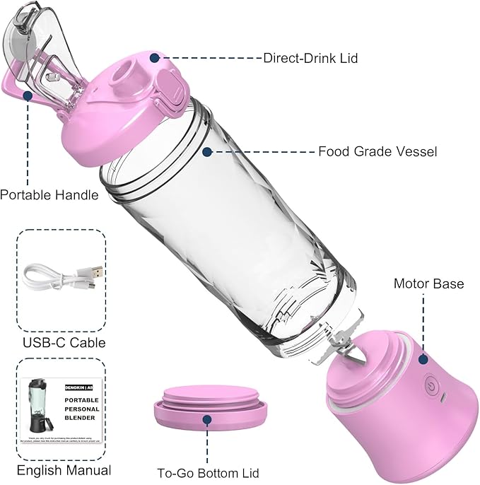 DENOKIN Portable Blender,Personal Size Blender for Shakes and Smoothies (Purpleish Pink, 20oz)