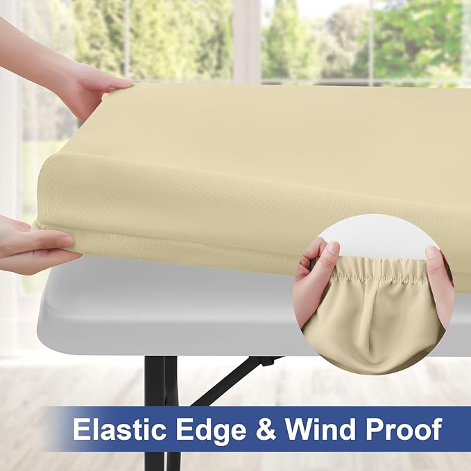 homing Rectangle Table Cloth Cover, Waterproof Polyester Elastic Fitted Tablecloth, Fits for 8 Foot Folding Tables, Washable Table Protector for Picnic, Camping, Outdoor (Champagne, 30" x 96")