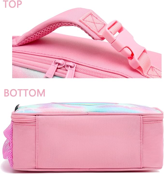 FlowFly Kids Lunch box Insulated Soft Bag Mini Cooler Back to School Thermal Meal Tote Kit for Girls, Boys, Glitter-Unicorn