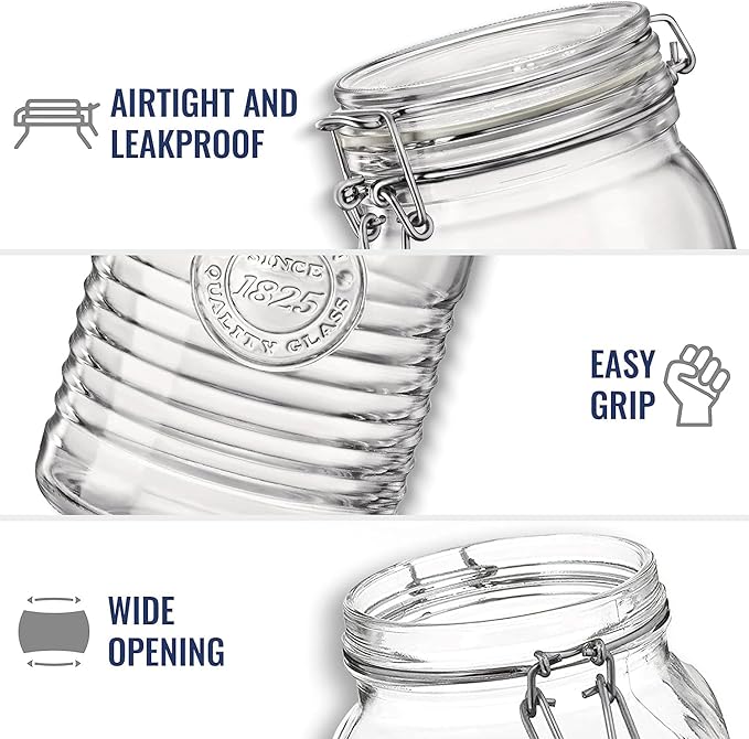 Bormioli Rocco Officina 1825, Set of 3 - Clear Glass Jars with Swing Top - Vintage Industrial Style Airtight Containers for Dry Food Storage, 33.75 Oz, 25.25 Oz, 17 Oz - Dishwasher Safe, Made in Italy