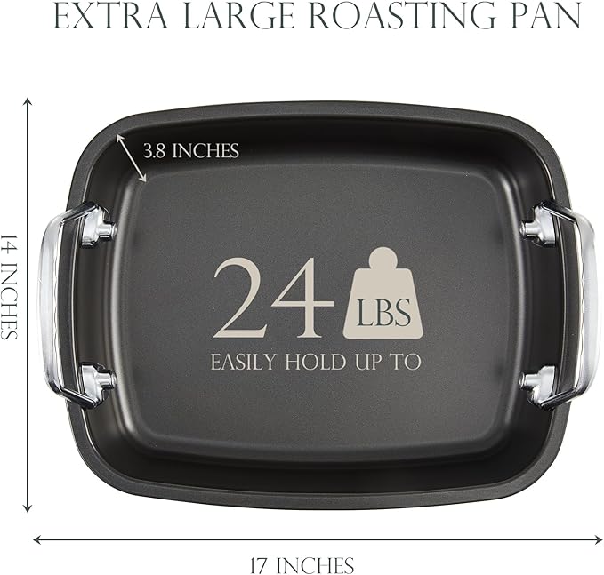 KITESSENSU Nonstick Turkey Roasting Pan with Rack 17 x 14 inch - Large Chicken Roaster Pan for Oven - Wider Handles & Heavy Duty Construction - Suitable for 24lb Turkey, Gold