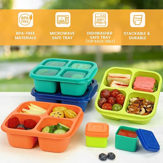 Caperci Lunchable Snack Containers - 4 Pack Bento Snack Boxes with 4-Compartment, 2 Leakproof Dip Cups, Reusable Divided Food Containers for School, Work, Travel (Jewel Brights)
